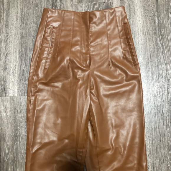ZARA Faux Leather High Waisted Straight Leg Pants - Camel Brown - Size XS - Picture 2 of 10